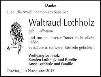 Traueranzeige von Waltraud Lothholz von Mitteldeutsche Zeitung Merseburg/Querfurt