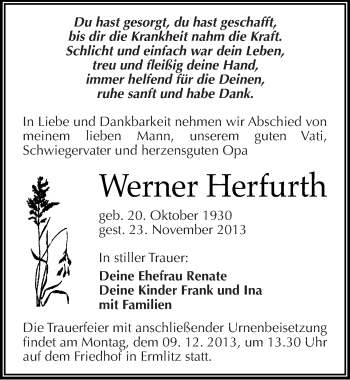 Traueranzeige von Werner Herfurth von Mitteldeutsche Zeitung Merseburg/Querfurt