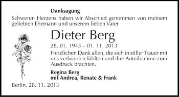 Traueranzeige von Dieter Berg von Mitteldeutsche Zeitung Köthen