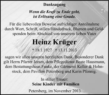 Traueranzeige von Heinz Krüger von Mitteldeutsche Zeitung Halle/Saalkreis