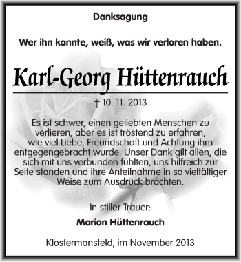 Traueranzeige von Karl-Georg Hüttenrauch von Mitteldeutsche Zeitung Mansfelder Land