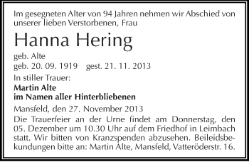 Traueranzeige von Hanna Hering von Mitteldeutsche Zeitung Mansfelder Land