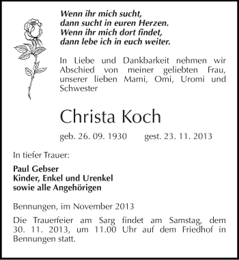 Traueranzeige von Christa Koch von Mitteldeutsche Zeitung Sangerhausen