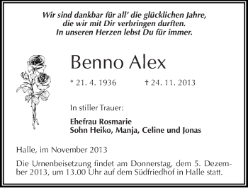 Traueranzeige von Benno Alex von Mitteldeutsche Zeitung Halle/Saalkreis