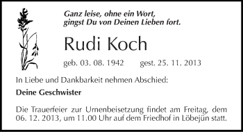 Traueranzeige von Rudi Koch von Mitteldeutsche Zeitung Halle/Saalkreis