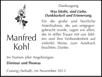 Traueranzeige von Manfred Kohl von Mitteldeutsche Zeitung Wittenberg
