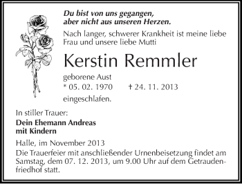 Traueranzeige von Kerstin Remmler von Mitteldeutsche Zeitung Halle/Saalkreis