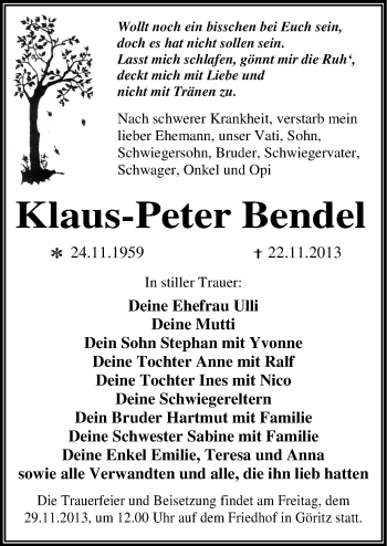 Traueranzeige von Klaus-Peter Bendel von Mitteldeutsche Zeitung