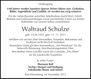 Traueranzeige von Waltraud Schulze von Mitteldeutsche Zeitung Merseburg/Querfurt