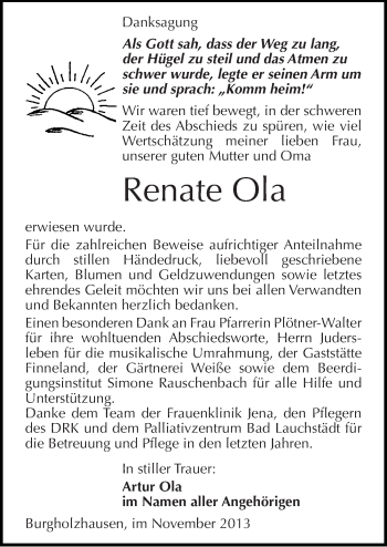 Traueranzeige von Renate Ola von Mitteldeutsche Zeitung Naumburg/Nebra