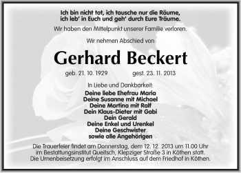 Traueranzeige von Gerhard Beckert von Mitteldeutsche Zeitung Köthen