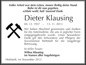 Traueranzeige von Dieter Klausing von Mitteldeutsche Zeitung Mansfelder Land