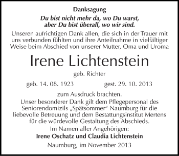 Traueranzeige von Irene Lichtenstein von Mitteldeutsche Zeitung Naumburg/Nebra