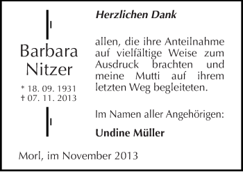 Traueranzeige von Barbara Nitzer von Mitteldeutsche Zeitung Halle/Saalkreis