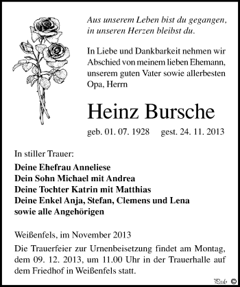 Traueranzeige von Heinz Bursche von Mitteldeutsche Zeitung Weißenfels