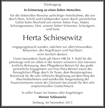 Traueranzeige von Herta Schiesewitz von Mitteldeutsche Zeitung Mansfelder Land
