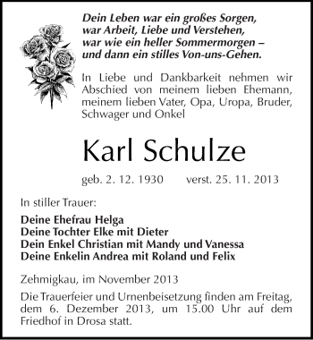 Traueranzeige von Karl Schulze von Mitteldeutsche Zeitung Köthen