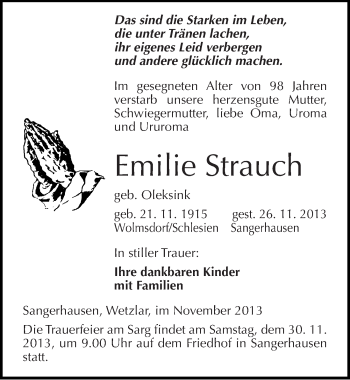 Traueranzeige von Emilie Strauch von Mitteldeutsche Zeitung Sangerhausen