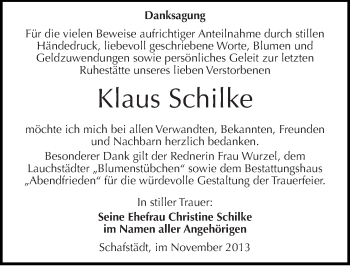 Traueranzeige von Klaus Schilke von Mitteldeutsche Zeitung Merseburg/Querfurt
