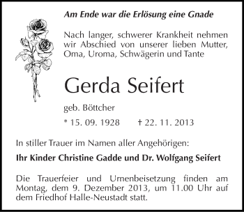 Traueranzeige von Gerda Seifert von Mitteldeutsche Zeitung Halle/Saalkreis