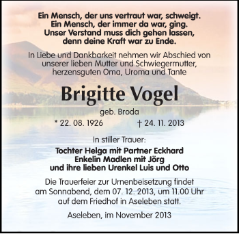 Traueranzeige von Brigitte Vogel von Mitteldeutsche Zeitung Mansfelder Land