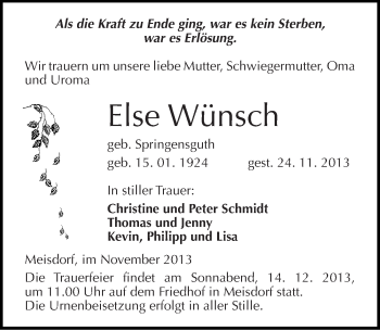 Traueranzeige von Else Wünsch von Mitteldeutsche Zeitung Quedlinburg