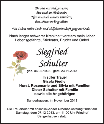 Traueranzeige von Siegfried Schulter von Mitteldeutsche Zeitung Sangerhausen