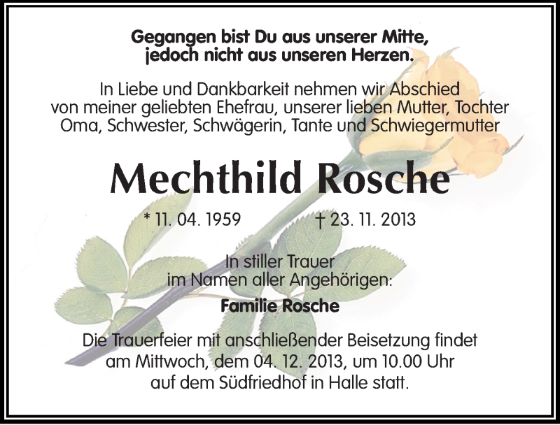  Traueranzeige für Mechthild Rosche vom 30.11.2013 aus Mitteldeutsche Zeitung Halle/Saalkreis