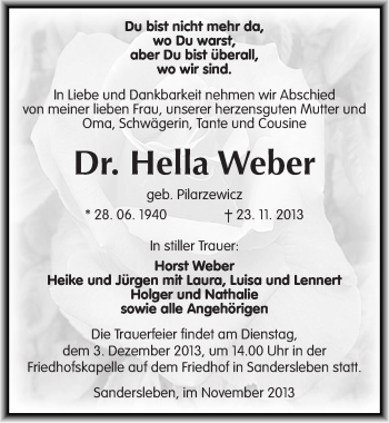 Traueranzeige von Hella Weber von Mitteldeutsche Zeitung Mansfelder Land