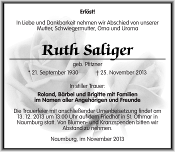 Traueranzeige von Ruth Saliger von Mitteldeutsche Zeitung Naumburg/Nebra
