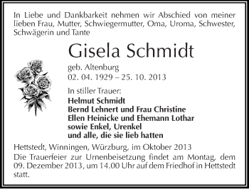 Traueranzeige von Gisela Schmidt von Mitteldeutsche Zeitung Mansfelder Land