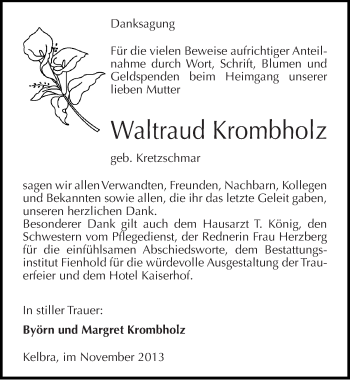 Traueranzeige von Waltraud Krombholz von Mitteldeutsche Zeitung Sangerhausen