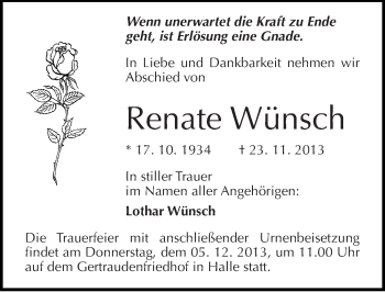 Traueranzeige von Renate Wünsch von Mitteldeutsche Zeitung Halle/Saalkreis