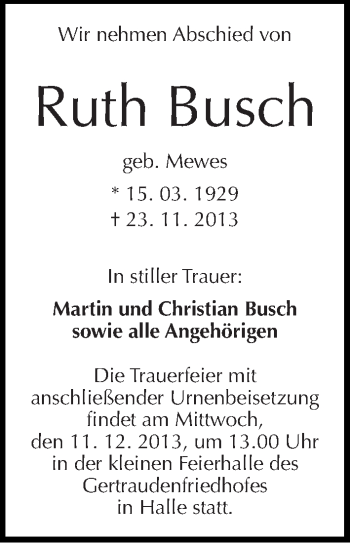 Traueranzeige von Ruth Busch von Mitteldeutsche Zeitung Halle/Saalkreis