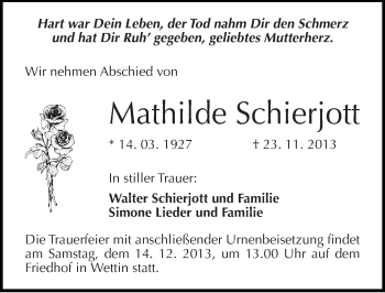 Traueranzeige von Mathilde Schierjott von Mitteldeutsche Zeitung Halle/Saalkreis