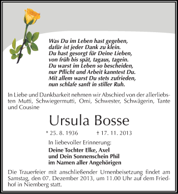 Traueranzeige von Ursula Bosse von Mitteldeutsche Zeitung Halle/Saalkreis