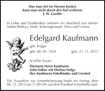 Traueranzeige von Edelgard Kaufmann von Mitteldeutsche Zeitung Merseburg/Querfurt