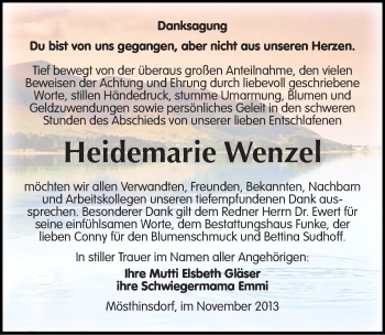 Traueranzeige von Heidemarie Wenzel von Mitteldeutsche Zeitung Halle/Saalkreis