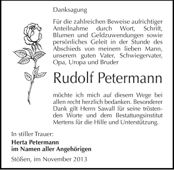 Traueranzeige von Rudolf Petermann von Mitteldeutsche Zeitung Naumburg/Nebra