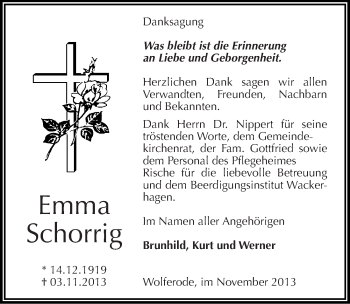 Traueranzeige von Emma Schorrig von Mitteldeutsche Zeitung Mansfelder Land