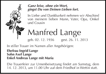 Traueranzeige von Manfred Lange von Mitteldeutsche Zeitung Halle/Saalkreis