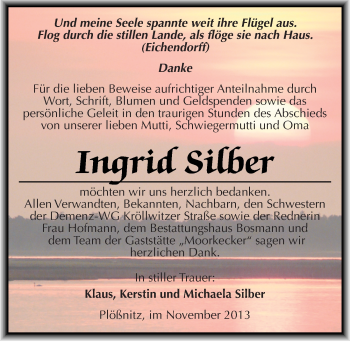 Traueranzeige von Ingrid Silber von Mitteldeutsche Zeitung Halle/Saalkreis