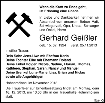 Traueranzeige von Gerhard Geißler von Mitteldeutsche Zeitung Weißenfels
