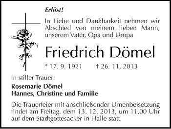 Traueranzeige von Friedrich Dömel von Mitteldeutsche Zeitung Halle/Saalkreis