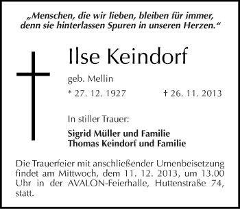 Traueranzeige von Ilse Keindorf von Mitteldeutsche Zeitung Halle/Saalkreis