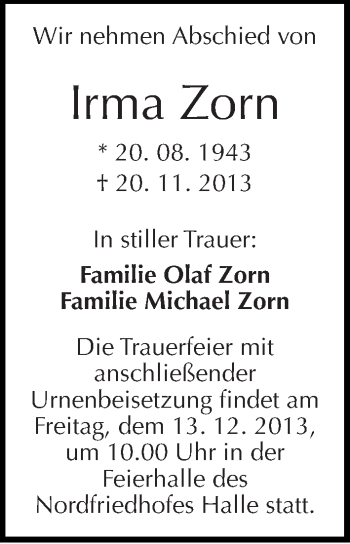 Traueranzeige von Irma Zorn von Mitteldeutsche Zeitung Halle/Saalkreis