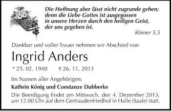 Traueranzeige von Ingrid Anders von Mitteldeutsche Zeitung Halle/Saalkreis