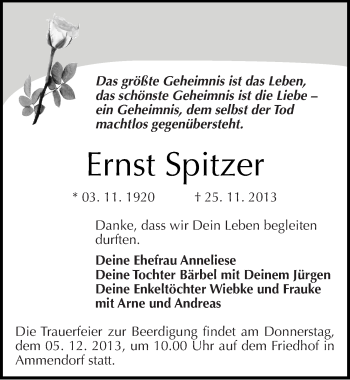 Traueranzeige von Ernst Spitzer von Mitteldeutsche Zeitung Halle/Saalkreis