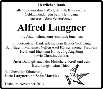 Traueranzeige von Alfred Langner von Mitteldeutsche Zeitung Quedlinburg