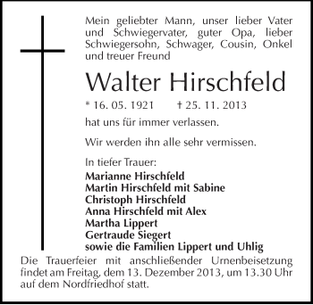Traueranzeige von Walter Hirschfeld von Mitteldeutsche Zeitung Halle/Saalkreis